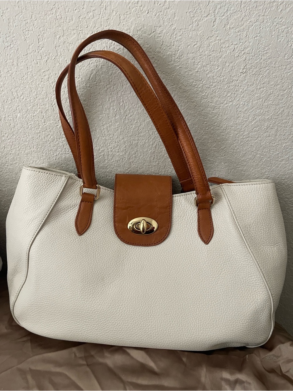Valentina White and Brown Leather Shoulder Bag with Gold Turn Lock